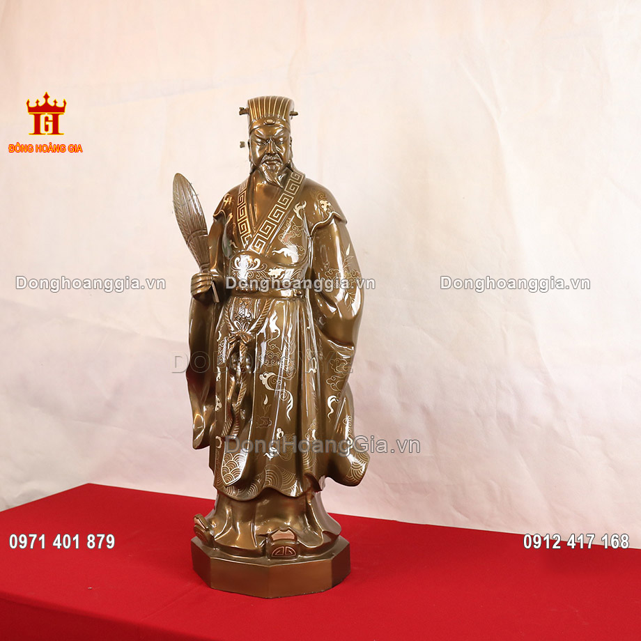 Pho tượng Khổng Minh bằng đồng khảm bạc cao 50cm